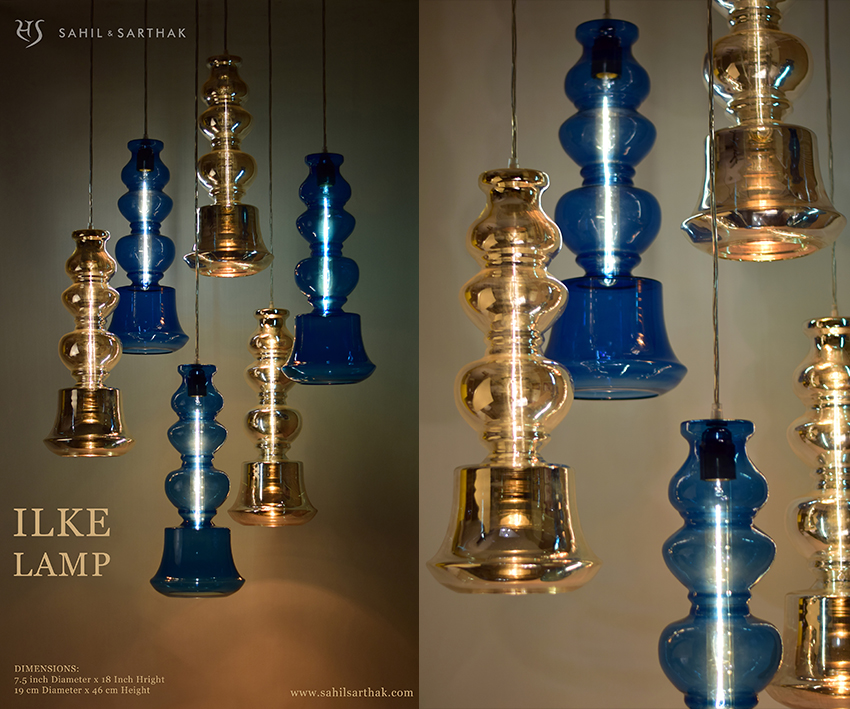 Ilke Lamp Blue & Silver Blown Glass by Sahil & Sarthak